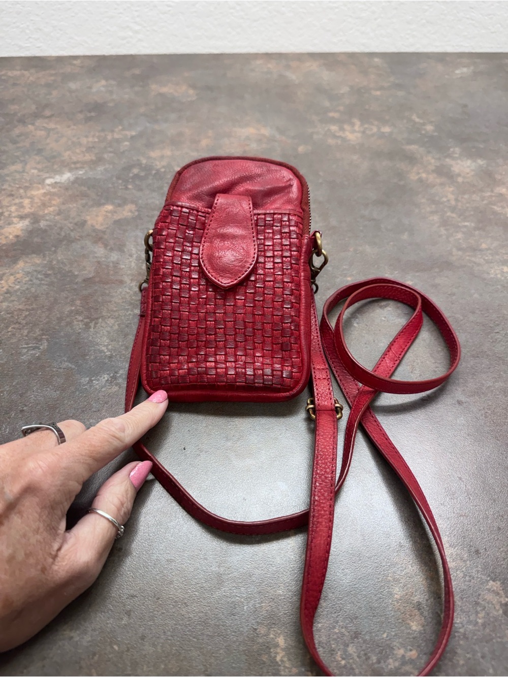 Red Woven Leather Crossbody Phone Bag - Women's Small Shoulder Purse